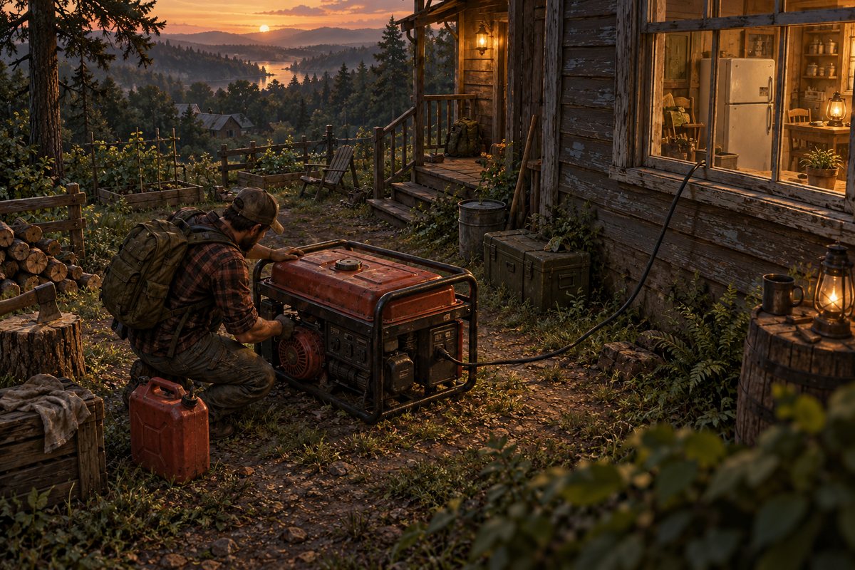 Original illustration of an outdoor generator supplying a cabin.