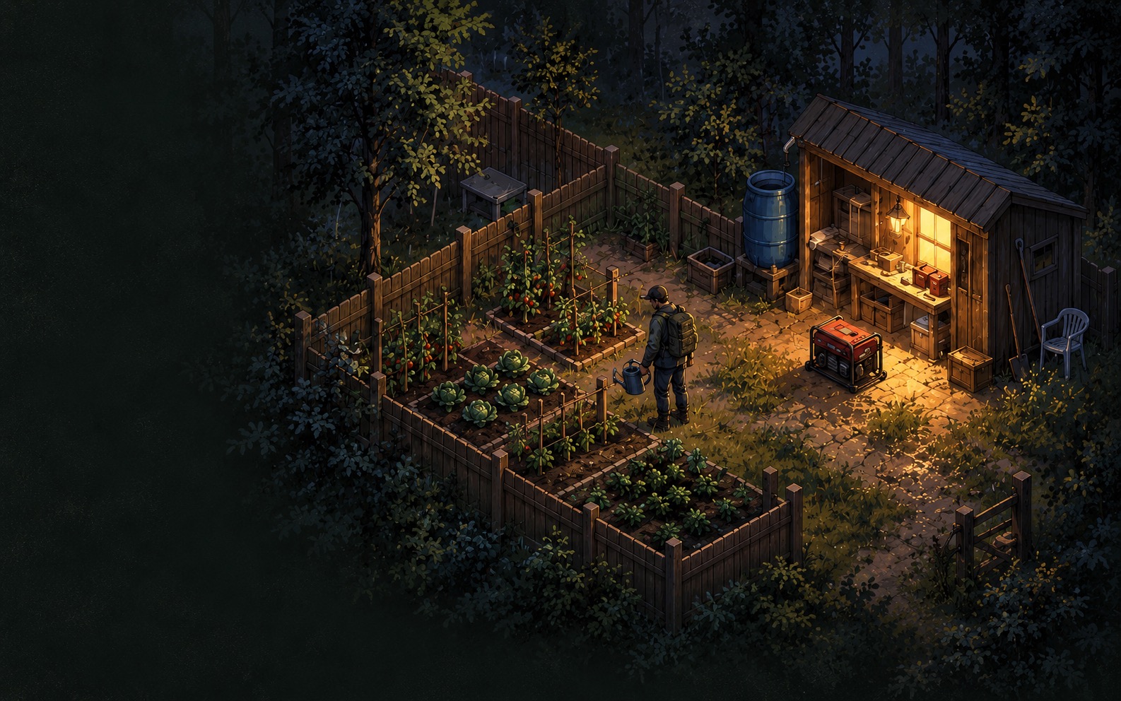 An illustrated survivor base with crops, a rain barrel and a generator at dusk.