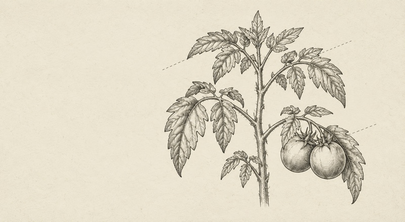 Decorative botanical field-note illustration of a tomato plant.