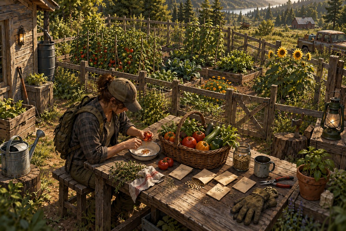 Original illustration of harvested vegetables and seeds on a garden workbench.