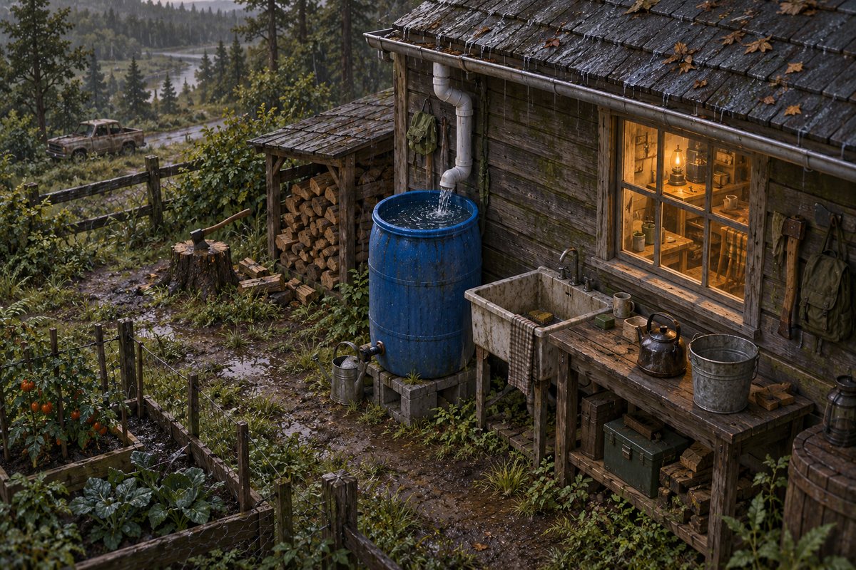 Original illustration of a cabin rain barrel and utility sink.
