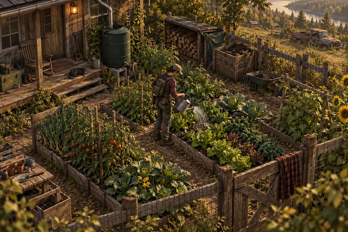 Original illustration of a survivor watering leafy crops.